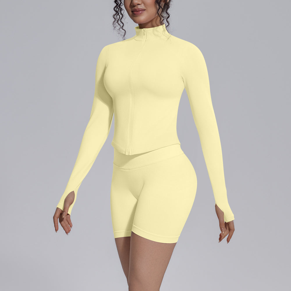 seamless pure color tight high elastic breathable stand collar zipper outwear sports running fitness yoga suit for women