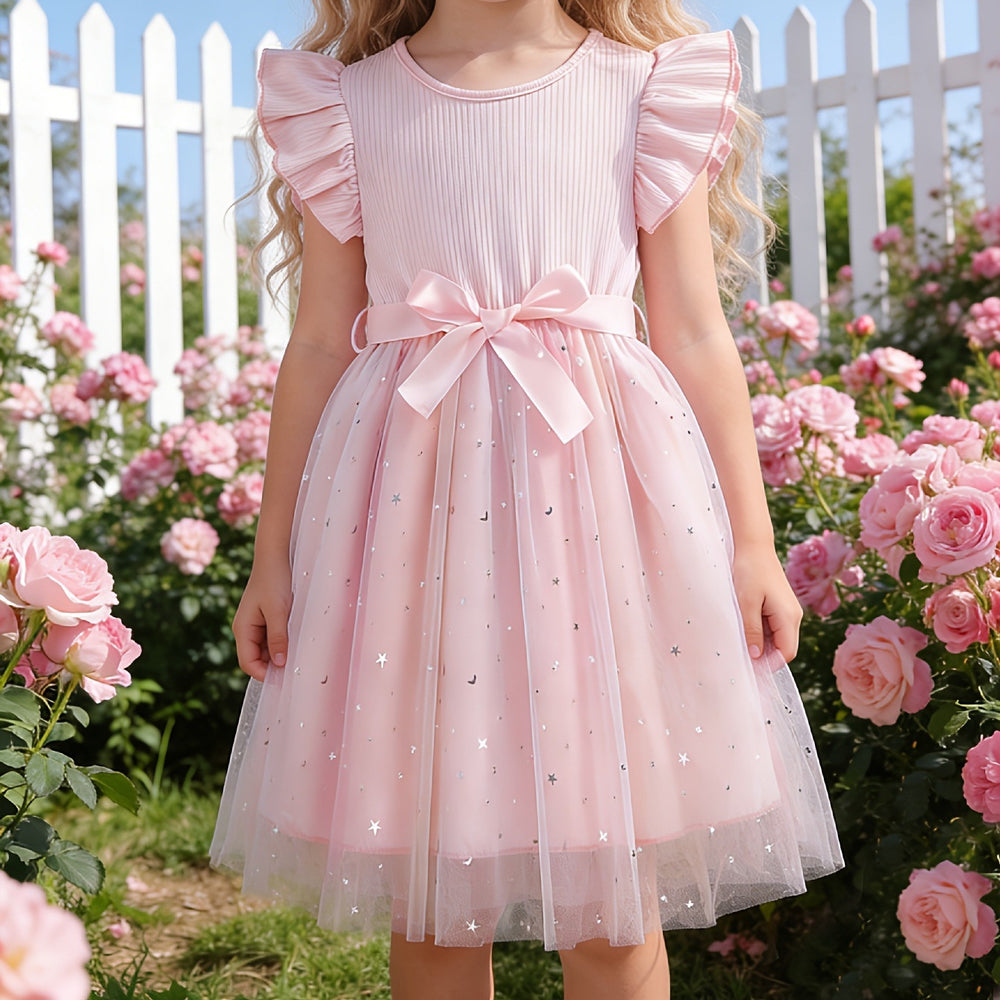Exportgirl light purple pit strips flying sleeves gradient star mesh skirt summerkidsbows princess dress trendy