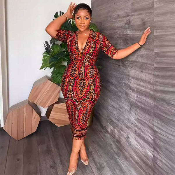 S10737 European and American, sexy V-neck printed waist strap back split hip wrap dress