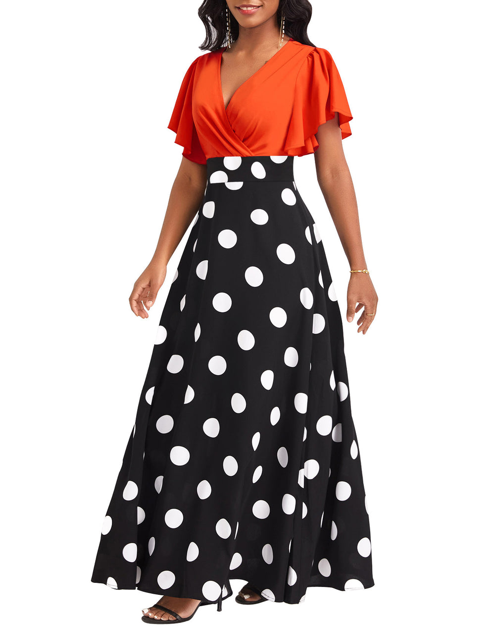new european and american fashion women's dress - elegant polka dot print, flattering ruffle sleeves, flowy maxi dress