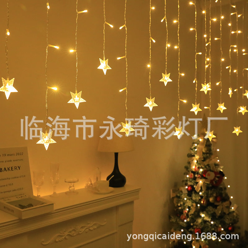Cross-border new LED star curtain lights, ice bar lights, light strings, moon pendant, five-pointed star flashing lights, colorful lights