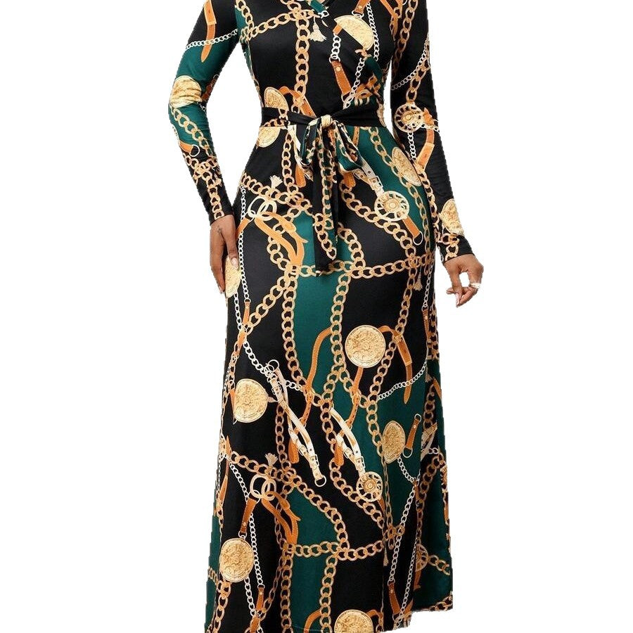 Women's elegant chain print v-neck tie-waist bodycon maxi dress, spring/autumn collection