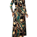 Women's elegant chain print v-neck tie-waist bodycon maxi dress, spring/autumn collection