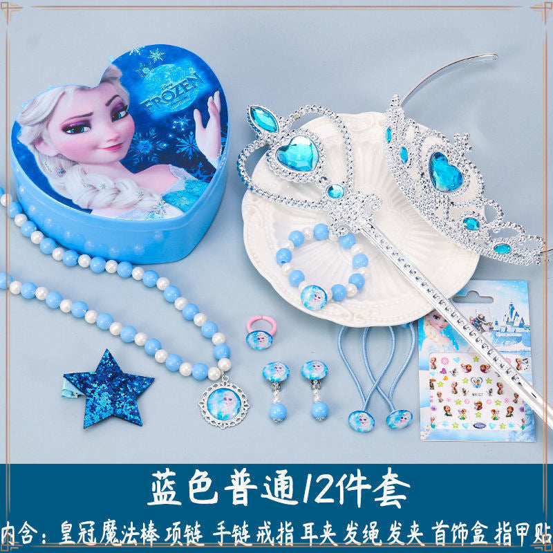 Crown Tiara Children's Little Princess Crown Magic Wand Hair Accessories Set Princess Elsa Necklace Girls Jewelry Box