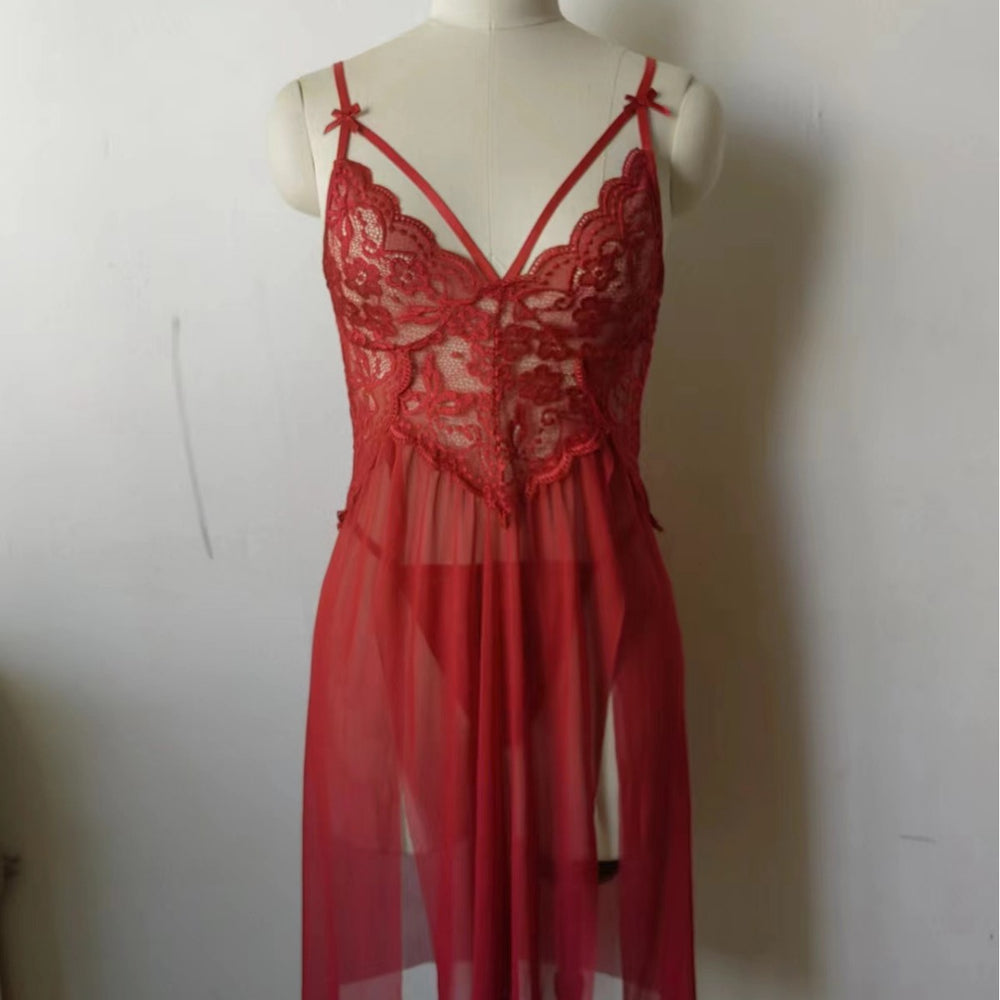 fashion sexyintimates wholesale women's sexylace mesh patchwork suspender slit thin long skirt nightgown