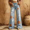 Fashionjeans women's light blue washed pumpkin ghost skull printing high waist slightly flared denim pants export