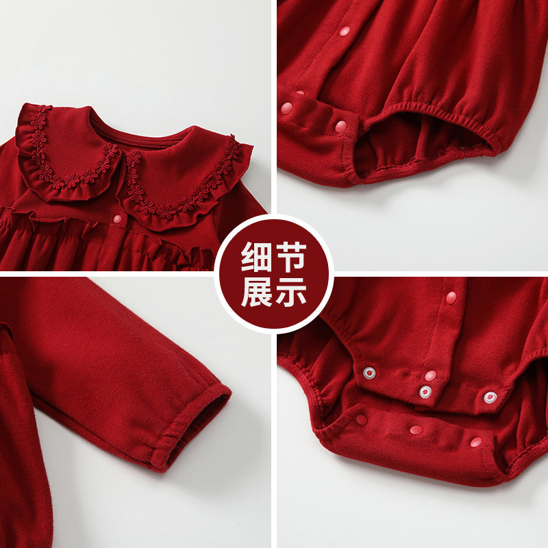 Spring autum baby girl full moon 100 days red festive princess romper autum baby doll collar cute jumpsuit