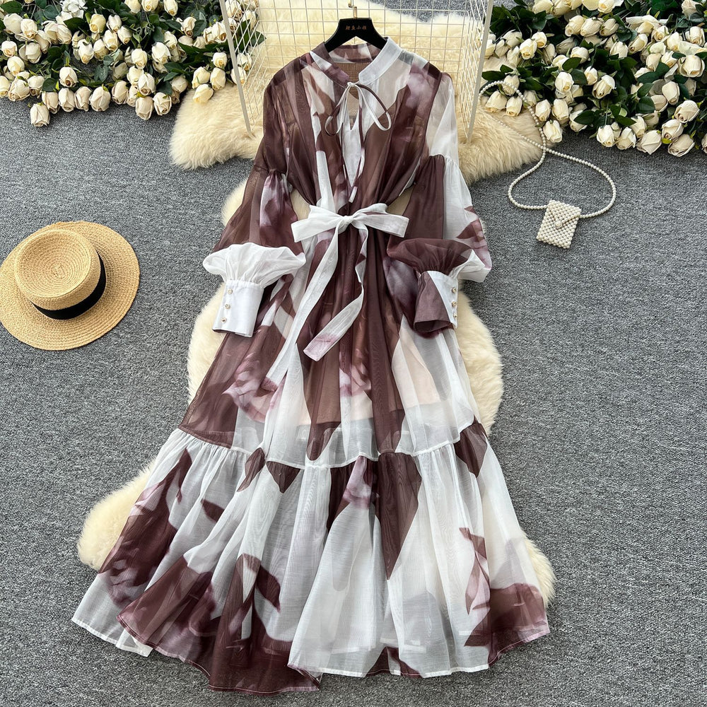 French chic dress -  new collection: court style tie-waist lantern sleeve printed mesh midi dress