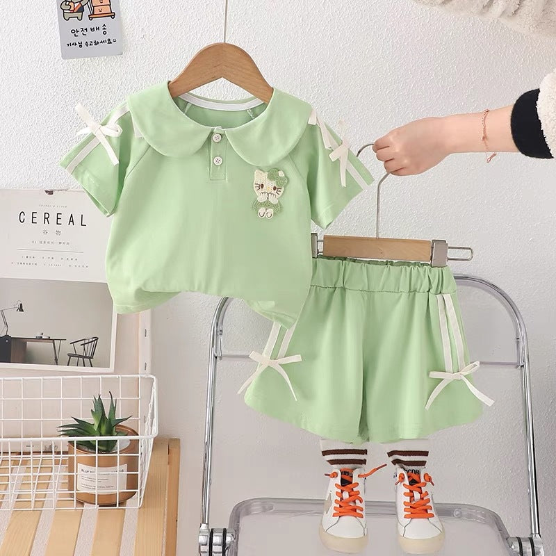 Girls' summer outfit: korean style cartoon set,  new summer collection, kids' fashion baidu short-sleeve two-piece set