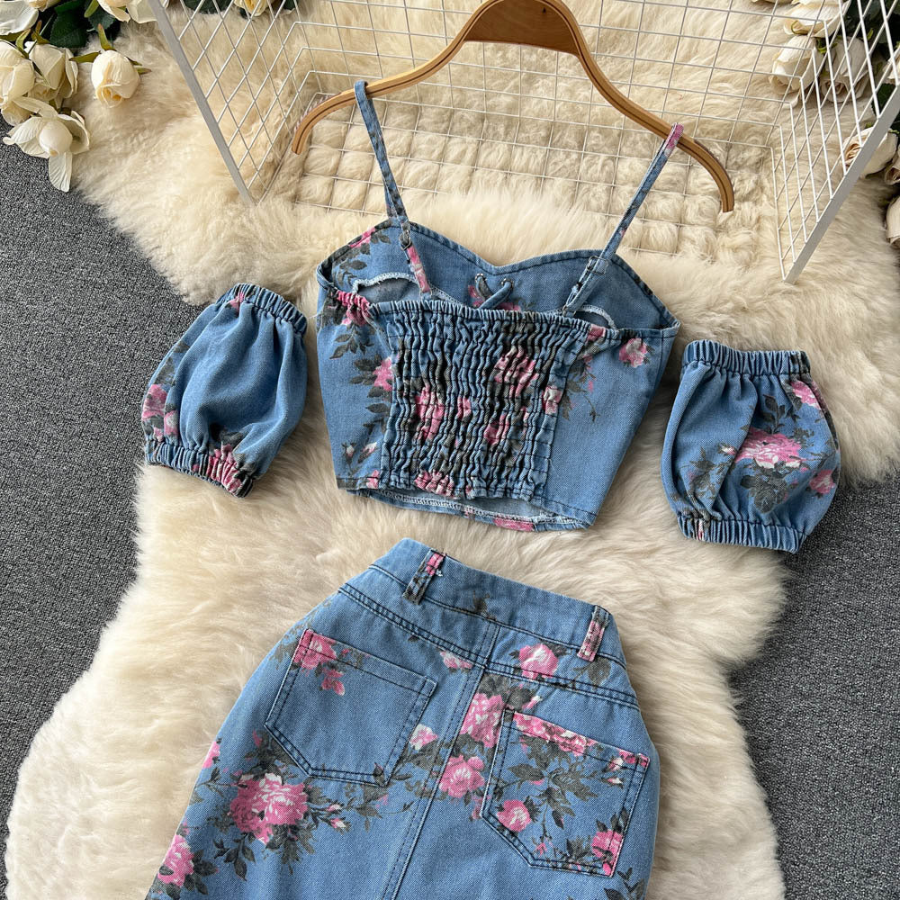 Hong kong style retrochicsuit female sweet and spicy girl off-shoulder camisole outwearhigh waist slit skirttwo-piece set