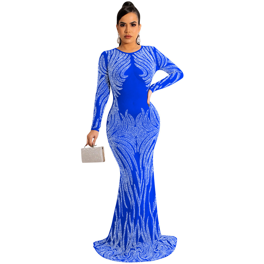 X5606 cross-border   nightclub style sexy rhinestone mesh see-through long sleeve maxi dress for women