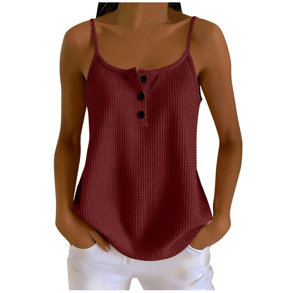 european and american summer new arrival: solid color waffle knit patchwork cami top with adjustable straps, slimming design, and button closure
