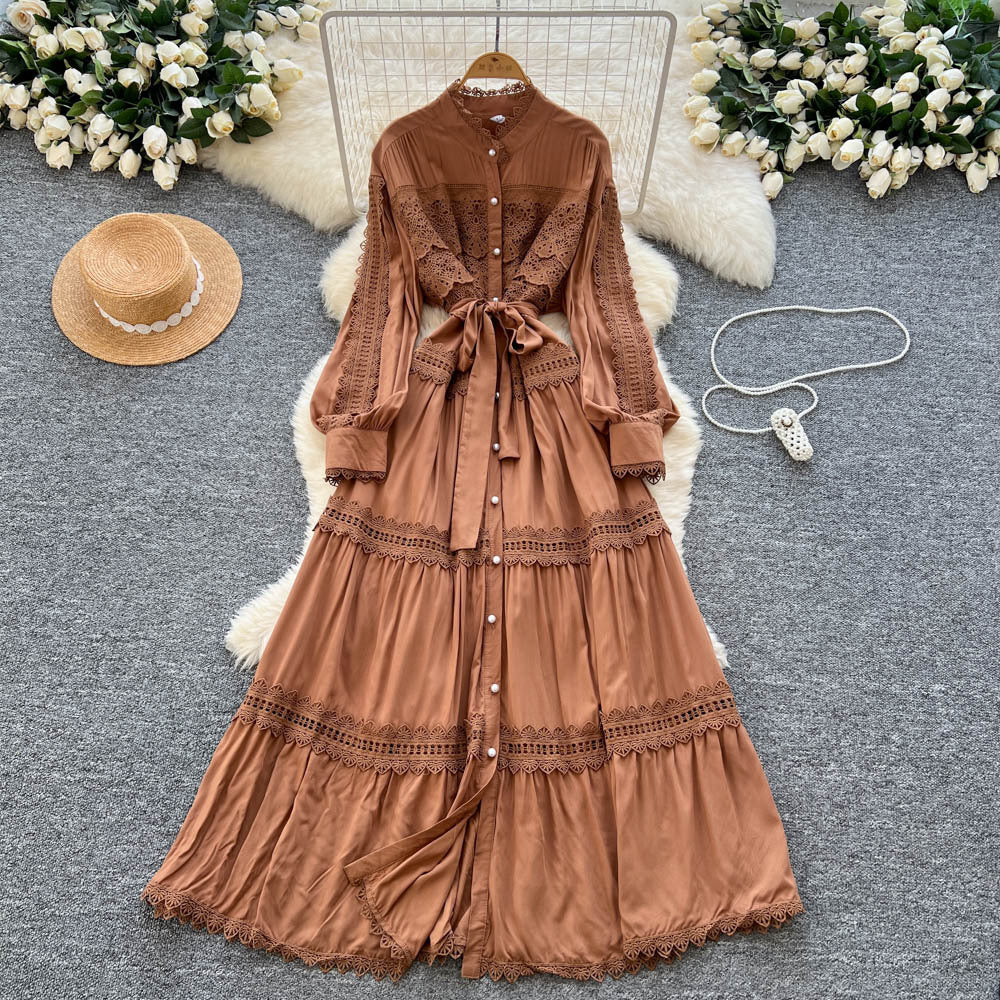 Vintage court style lantern sleeve dress - women's summer hollow-out crochet single-breasted elegant mature lady long dress