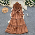 Vintage court style lantern sleeve dress - women's summer hollow-out crochet single-breasted elegant mature lady long dress