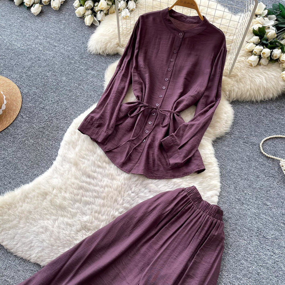 Light mature style bows strap waist shirt women's summerhigh waistloose pants silm two-piece set autumwork clothing