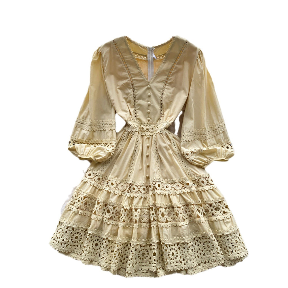 Long-sleeve dress - new  french-inspired design: unique v-neck lace single-breasted puff mini dress