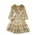 Long-sleeve dress - new  french-inspired design: unique v-neck lace single-breasted puff mini dress
