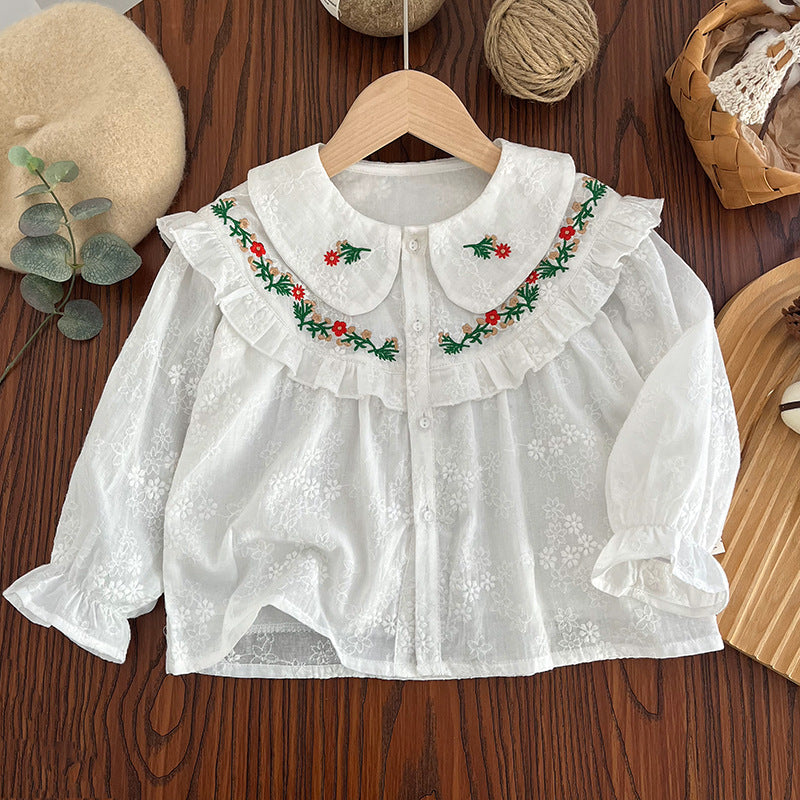 Girls' blouse - new autumn  collection: embroidered floral long-sleeve top, sweet and stylish for kids, perfect as a base layer or standalone