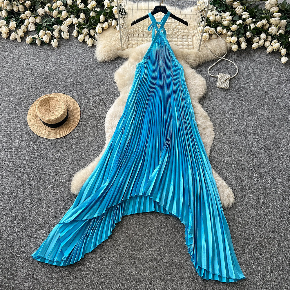 Vacation style red halterasymmetricaldress women's k-style high waistpleated skirt sleeveless a-line skirt classy sense