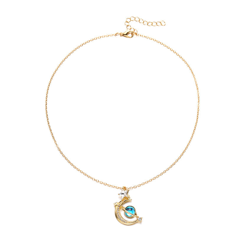 Planet pendant wholesale european and american cross-border jewelry fashion diamond-encrusted clavicle chain women's niche star moon alloy necklace