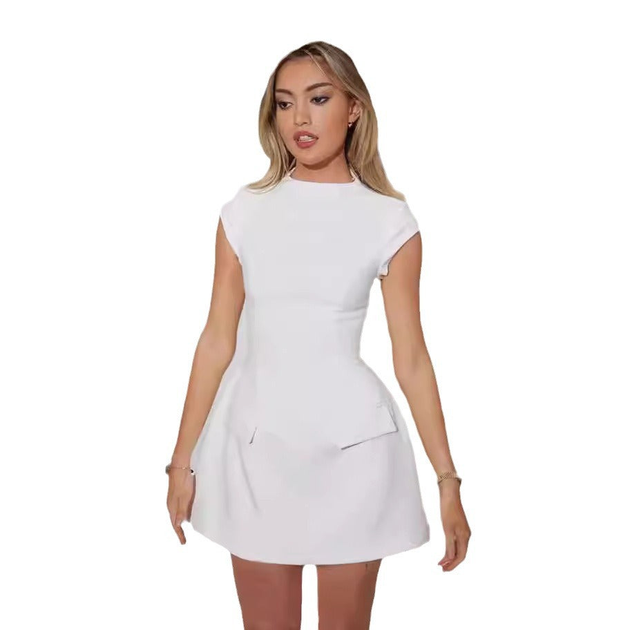 Amazon fashion cross-border women's summernew arrivalpure color round neck tight fake flap pocket pants design waist dress