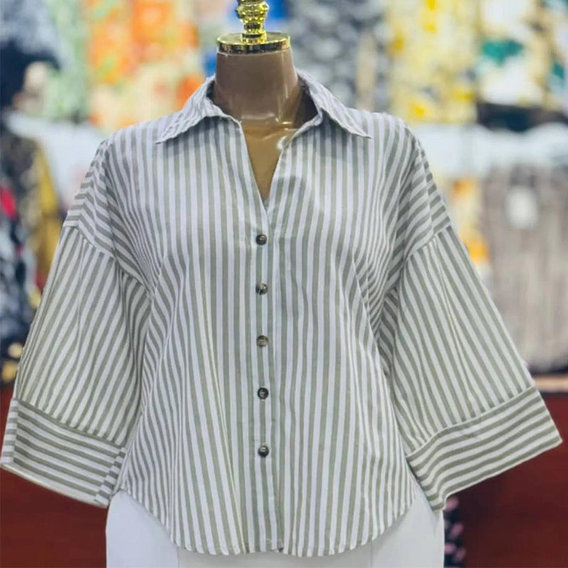 European and american cross-border women's fashion:  spring new arrivals - stylish, designer-inspired, unique turn-down collar, loose-fit striped blouse
