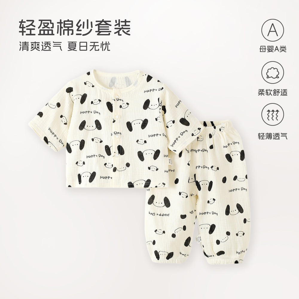 Baby pajamas gauze pure cotton spring summer thin baby air conditioning home clothes separatestwo-piece set men's and women's children