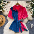 K-stylepatchworkcomfortable breathable waist-cinching denim shirt for women, light and mature style, tie backslimming look, easiest for match style tops