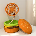 Creative burger mini fan with storage and makeup mirror, usb rechargeable, 3-speed adjustable, multifunctional desktop fan