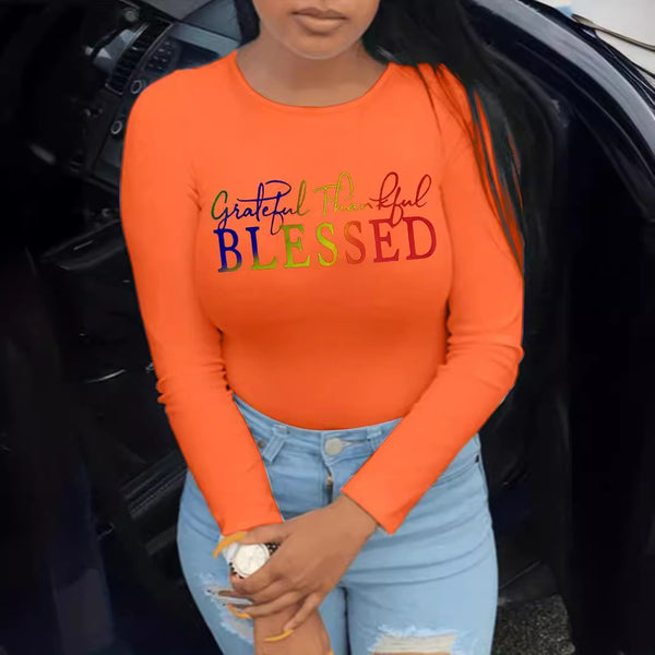 S390682 Letter Printed Long Sleeve T-Shirt Women