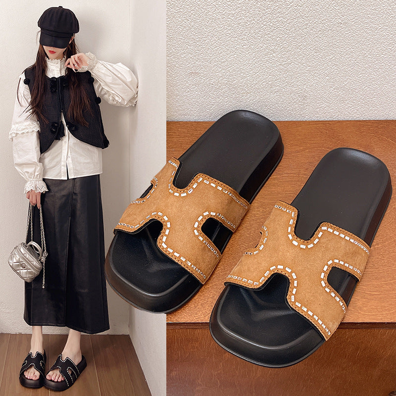 Thick sole diamond edge sandals women's summeroutwearfashioneasiest for matchins style western high-end h-shaped beach shoes for women