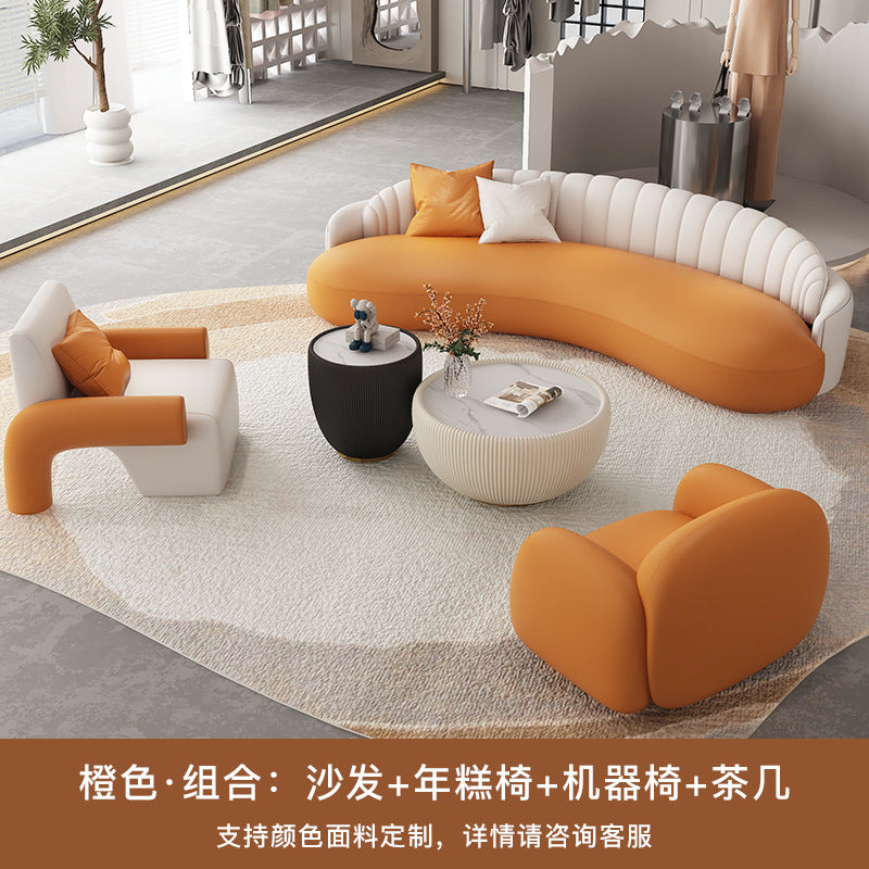 Luxury office reception area lounge hotel lobby front desk minimalist modern curved leather sofa
