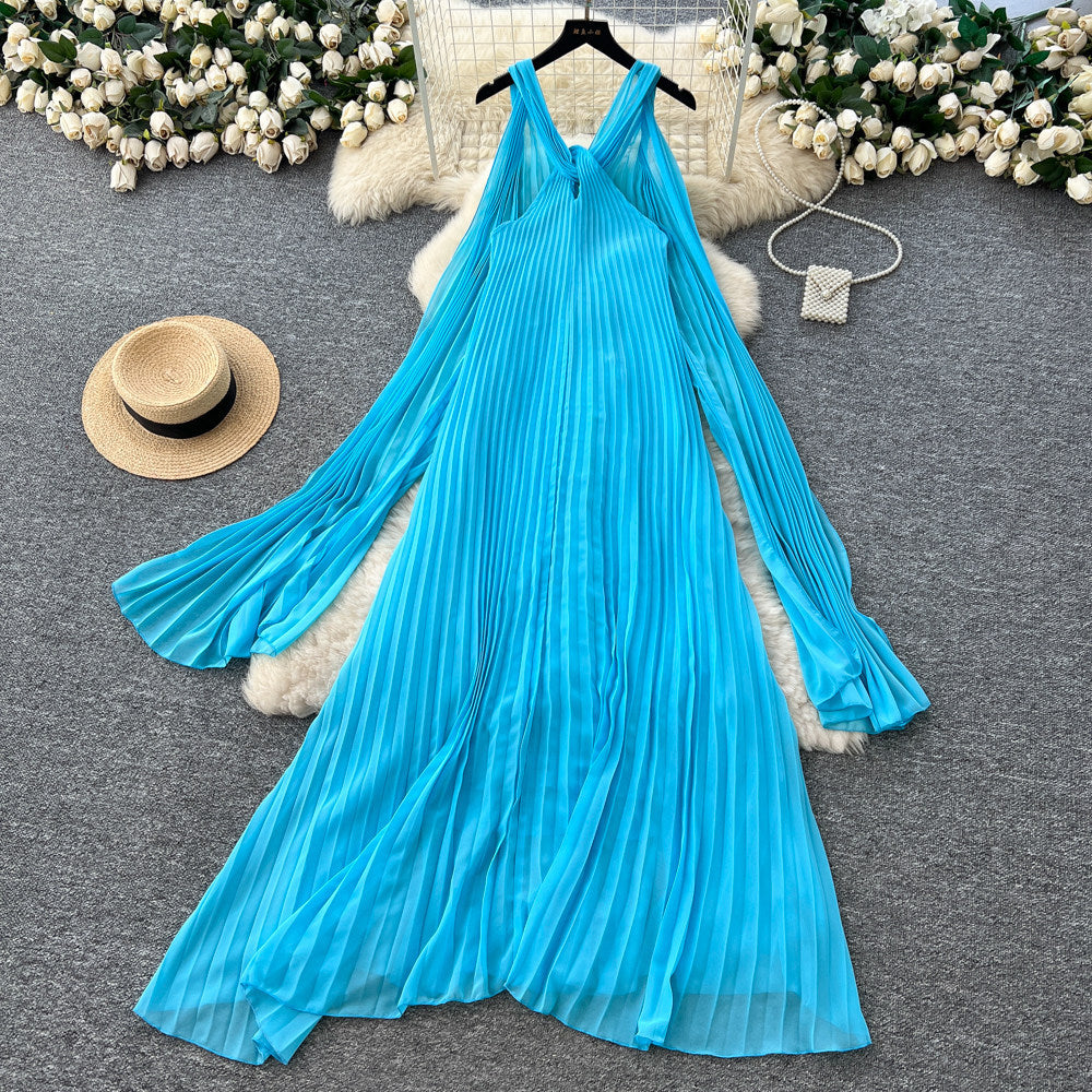 Tea break frenchsense of design tie back square collar small flying sleeves waist backless straps slimming lookelegant gentle wind dress