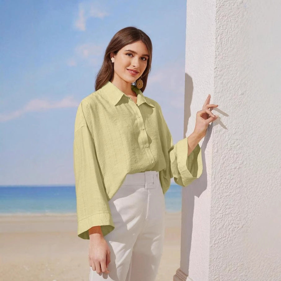 European and american cross-border  summer new arrival: loose-fit, lightweight long-sleeve casual shirt with open front, collared top, versatile blouse