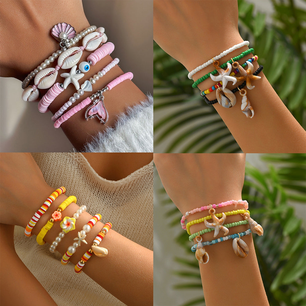 Wholesale colorful polymer clay bracelet set - european & american style, ocean-inspired seashell design, bohemian starfish & conch bracelets for women
