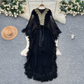 Fashionfashionableheavy industrylacepatchworkv neckbat sleeve strap waist dress women's vacation style tassel long skirt