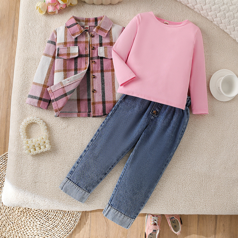 new autumn cross-border girls' wool blend turn-down collar shirt, knitted base layer top + washed denim jeans three-piece set