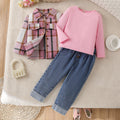 new autumn cross-border girls' wool blend turn-down collar shirt, knitted base layer top + washed denim jeans three-piece set