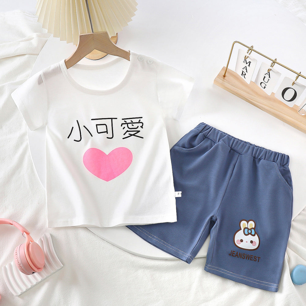 summer kids' short-sleeve set: toddler & children's pure cotton denim casual short-sleeve & shorts two-piece outfit - dropshipping available