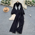 European and american style casual suit for women - autumn collection: heavily embroidered beaded mesh panel long sleeve loose-fit shirt with high-waisted wide-leg pants