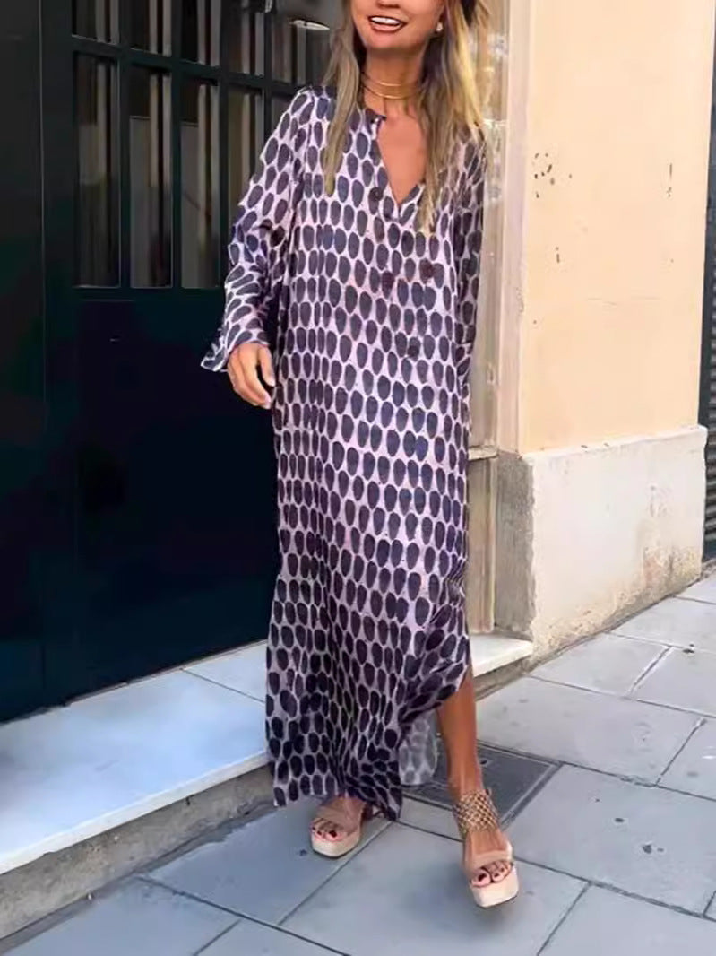 Cross-border Jinghu District Muse Fan Polyester Split Split Pullover Long Sleeve Split V-Neck Skirt Skirt Lining Long Dress