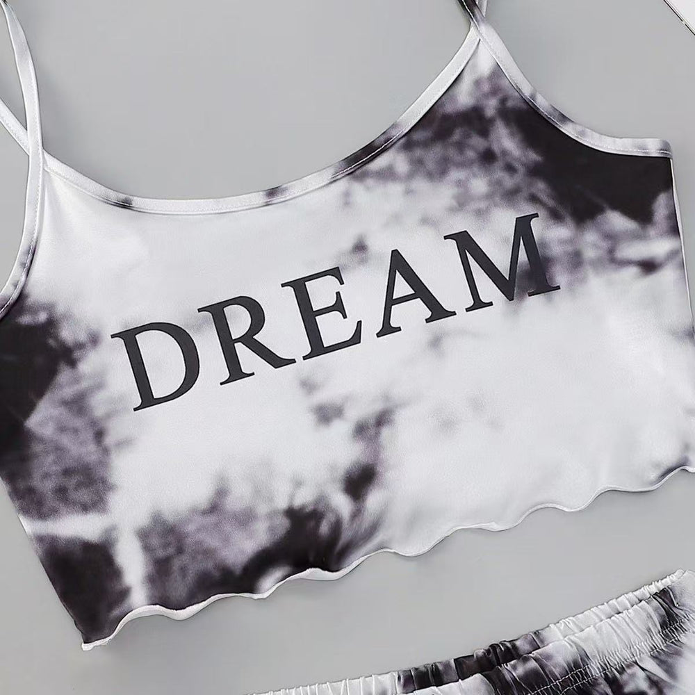 new arrivalprinting english dream suspender tops and tie-dyed shorts home wear suit pajamas wholesale