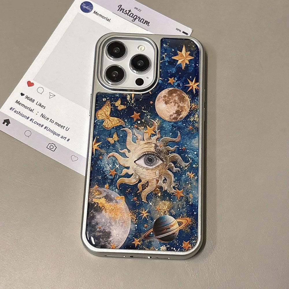 Starry sky eye iphone 17 pro max electroplated drop-proof phone case, apple 16 silver edge epoxy protective cover