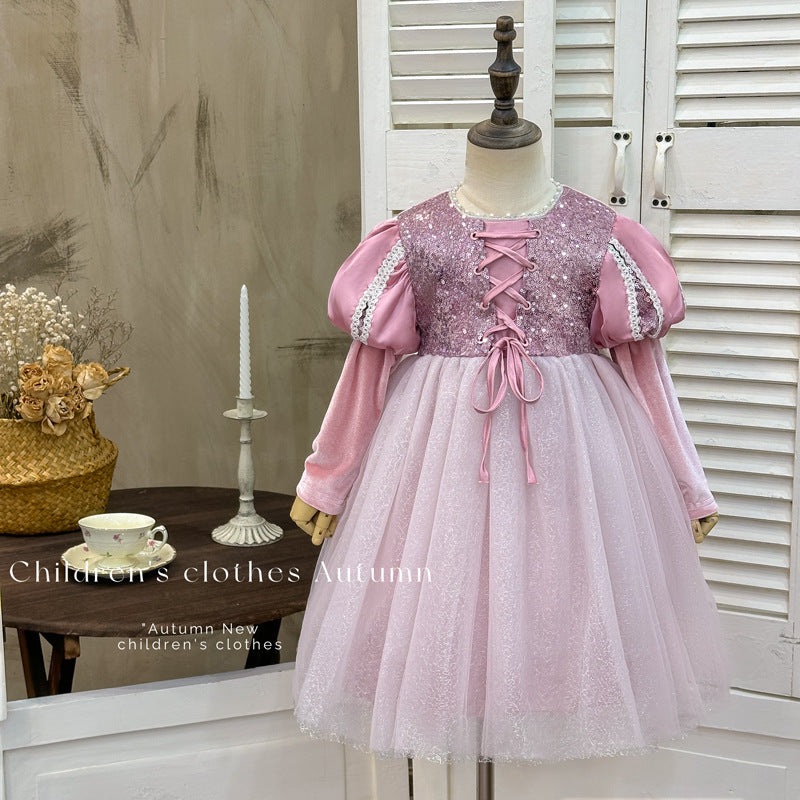 Girls' dress  autumn new fashionable sequin tutu dress high-end heavily embellished princess dress hostess gown