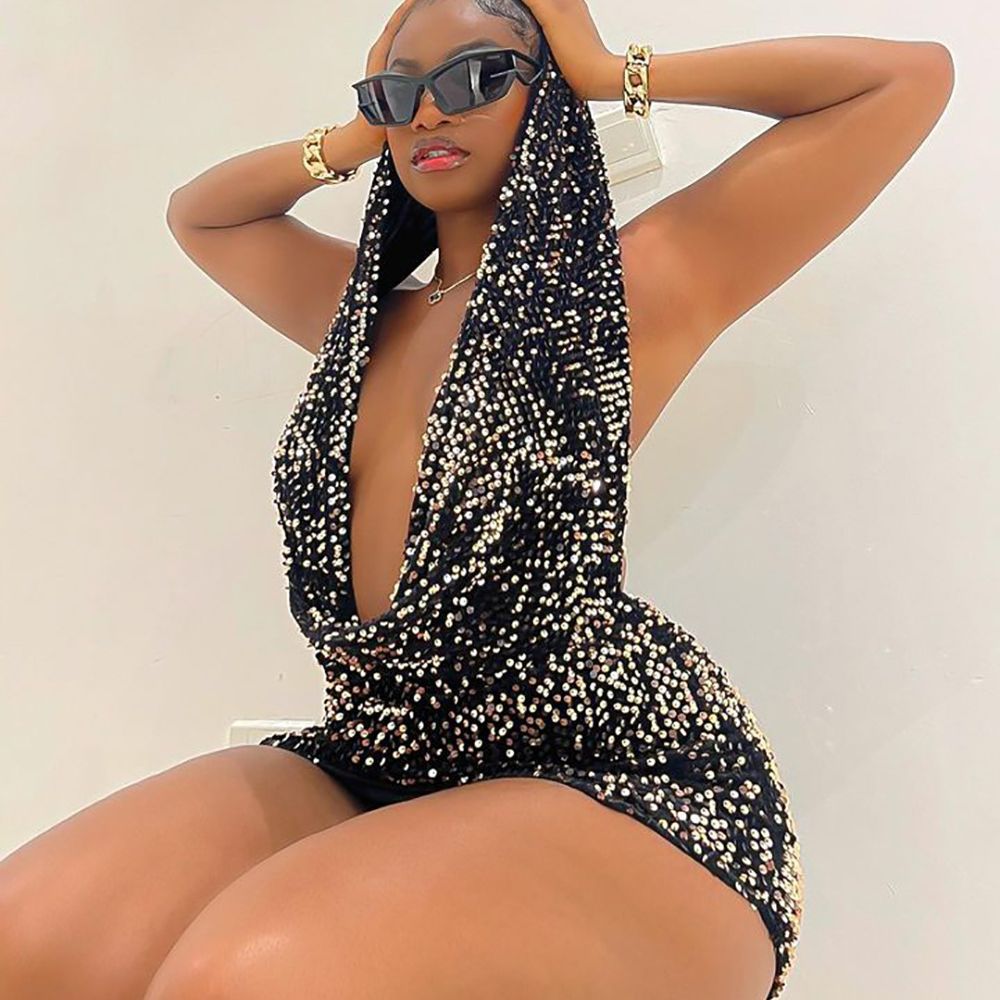 European and american cross-border women's fashion:  new arrival - sexy clubwear hooded backless slit sequin dress