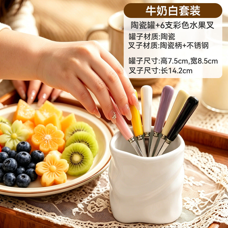 Premium 304 stainless steel portable fruit fork storage cup - creative, colorful, and wholesale ceramic cup holder