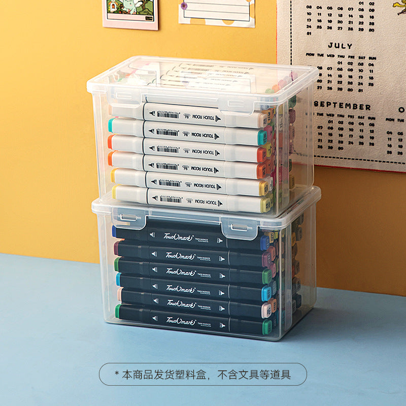 Desktop marker storage box with lid Transparent desk Stationery storage box Rectangle flip plastic pencil case