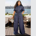 European and american new arrival cross-border   casual button-down two-piece set: short-sleeve top & wide-leg jeans denim outfit for women