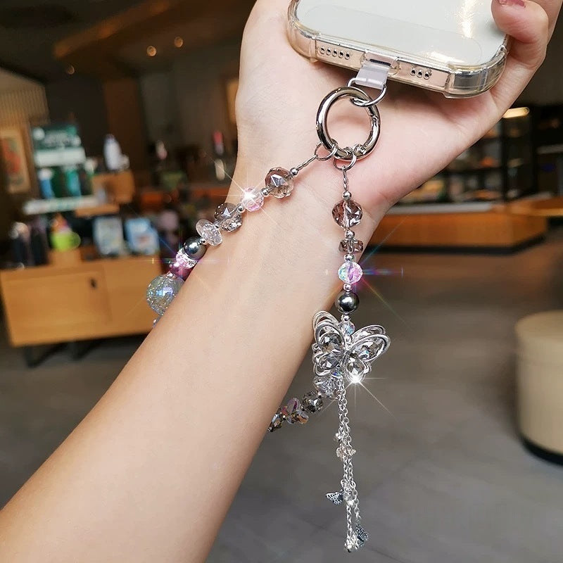 Classy heavy industry diamond-encrusted butterfly pendant colorful round beads ins style crystal beaded bag wrist style mobile phone chain