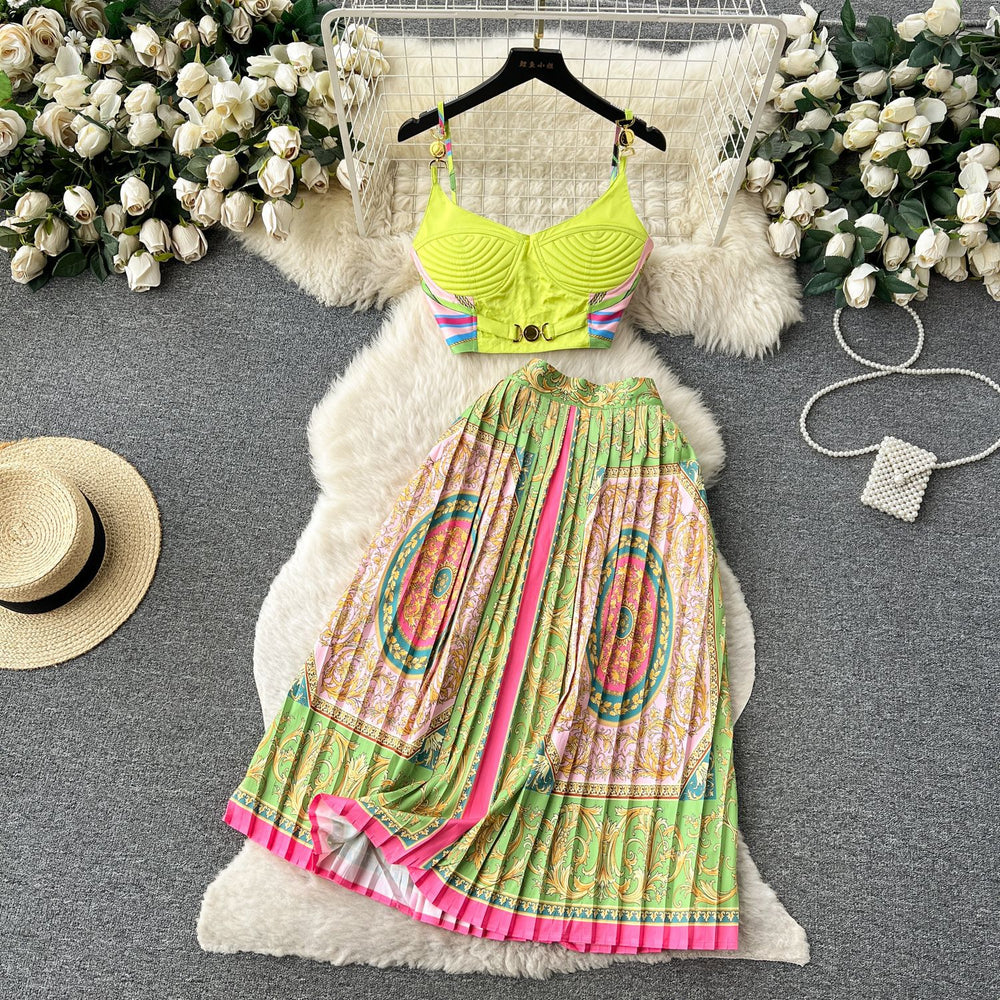 European and american retro court style printed set: women's short french bandeau camisole top + high-waisted pleated midi skirt